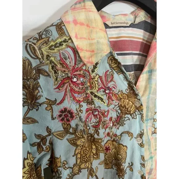 Soft Surroundings Boho Long Line Embroidered Floral Cotton Shirt Tunic Size L - Picture 3 of 8